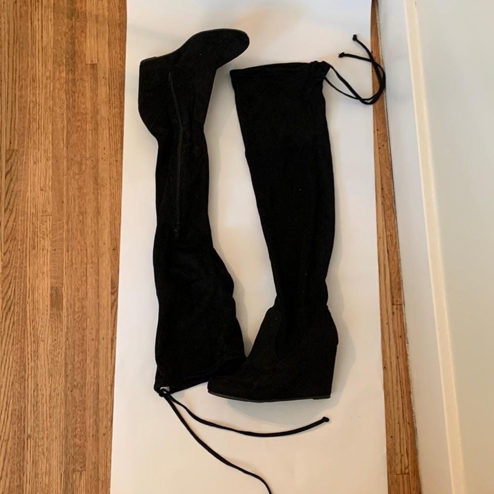 Never worn Black knee high wedges